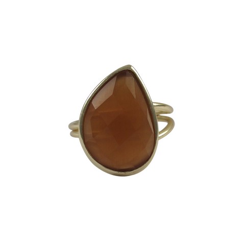 5 X 9 Carnelian Cats Eye Semi Precious Stone Set With Gold Plated Sterling Silver Adjustable Ring