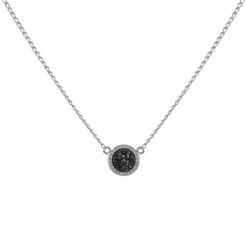 Rhodium Plated Sterling Silver 11 Mm Round Circle With 8 Mm Grey Druzy Natural Stone Cubic Zirconia Border Necklace, 16 In.