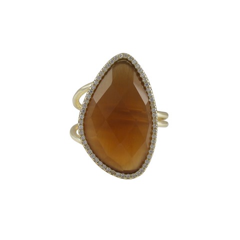 5 X 9 Carnelian Cats Eye Semi Precious Faceted Stone Cubic Zirconia Border With Gold Plated Sterling Silver Adjustable Ring