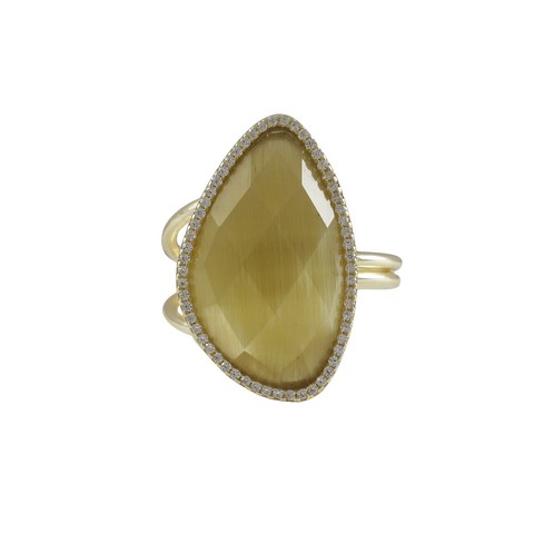 5 X 9 Citrine Cats Eye Semi Precious Faceted Stone Cubic Zirconia Border With Gold Plated Sterling Silver Adjustable Ring