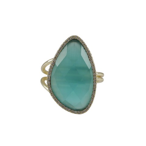 5 X 9 Aqua Cats Eye Semi Precious Faceted Stone Cubic Zirconia Border With Gold Plated Sterling Silver Adjustable Ring