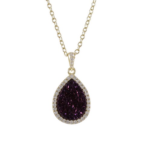 Gold Plated Sterling Silver 13.5 X 17.5 Mm Teardrop With Wine Druzy Natural Stone Cubic Zirconia Border Pendant, 0.98 In.