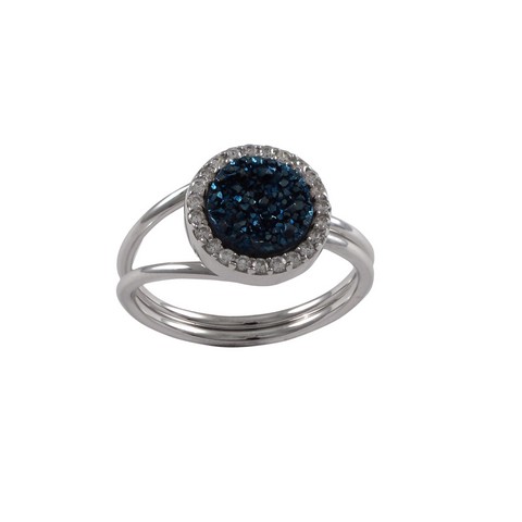 5 X 10 Rhodium Plated Sterling Silver 11 Mm Round Circle With 8 Mm Blue Druzy Natural Stone Cubic Zirconia Border Adjustable Ring