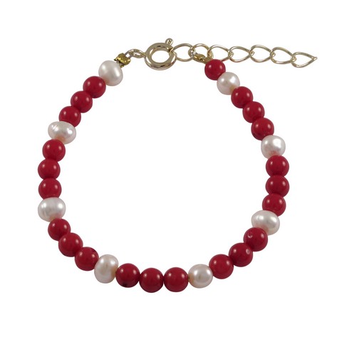 Red 4 Mm Balls & White 4 Mm Fresh Water Pearls Bracelet, 4 X 1 In.