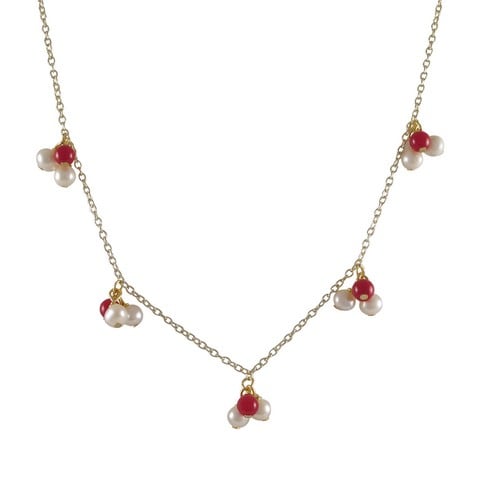 White 4 Mm Fresh Water Pearls & Red 4 Mm Balls Dangling With Gold Plated Brass Chain Necklace, 16 In.