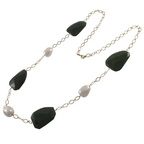 White 16 X 20 Baroque Shell Pearl With Green Jade Semi Precious Stones Gold Plated Brass Chain Necklace, 36 In.