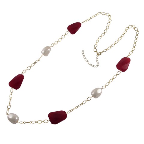 White 16 X 20 Baroque Shell Pearl With Garnet Semi Precious Stones Gold Plated Brass Chain Necklace, 36 In.