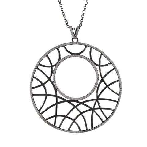 Rhodium & Black Plated Sterling Silver 51.9 Mm Circle With Line Design Cubic Zirconia Pendant