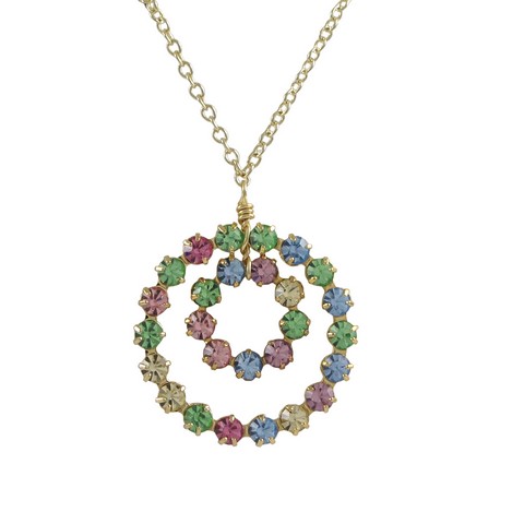 16 X 2 Gold Plated Brass & 11 Mm Open Round Circle 19.5 Mm Round Open Circle With Light Multi Color Crystals Necklace
