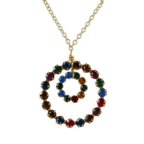 16 X 2 Gold Plated Brass & 11 Mm Open Round Circle 19.5 Mm Round Open Circle With Dark Multi Color Crystals Necklace