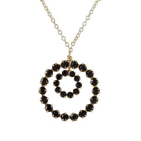 16 X 2 Gold Plated Brass & 11 Mm Open Round Circle 19.5 Mm Round Open Circle With Black Crystals Necklace