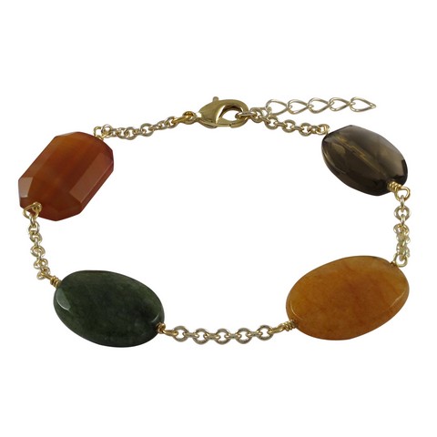 Dlux Jewels Olive Jade & Smoky Semi Precious Faceted Stones Gold Plated Sterling Silver Chain Bracelet 7.5 x 1 in.