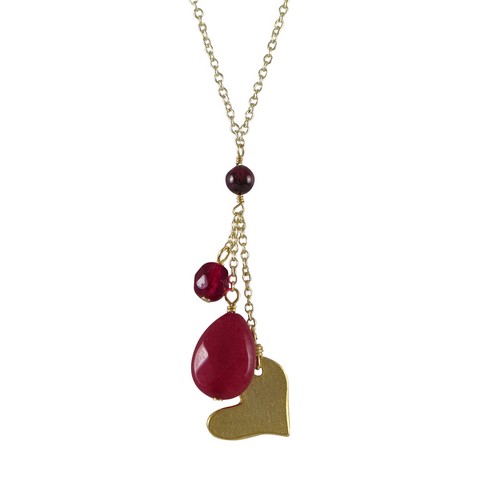 16 X 2 Garnet Semi Precious Stones With Gold Heart & Gold Plated Brass Lariat Style Necklace