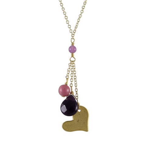 16 X 2 Amethyst Semi Precious Stones With Gold Heart & Gold Plated Brass Lariat Style Necklace