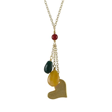 16 X 2 Green Jade Semi Precious Stones With Gold Heart & Gold Plated Brass Lariat Style Necklace