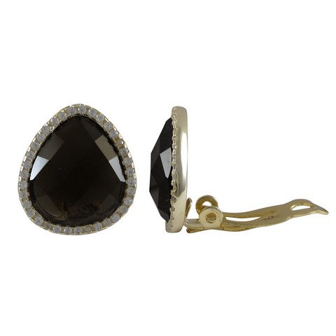 5 Mm Smoky Quartz Semi Precious Stone Cubic Zirconia Border With Gold Plated Sterling Silver Clip Earrings