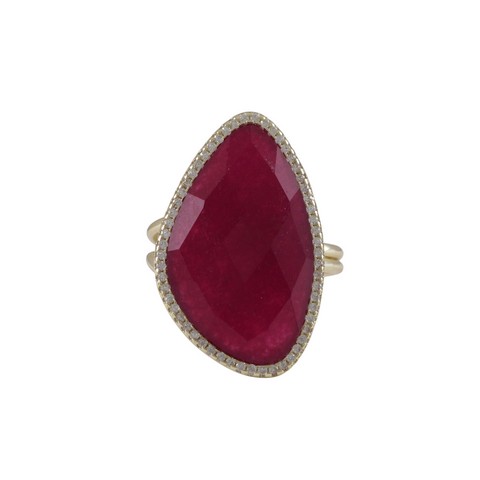 5 X 6 Ruby Jade Semi Precious Faceted Stone Cubic Zirconia Border With Gold Plated Sterling Silver Adjustable Ring