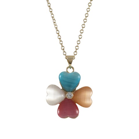 Multi Color Cat Eye Stone 20 Mm Four Leaf Clover Flower With White Crystal Center & 16 X 2 Gold Plated Brass Chain Necklace