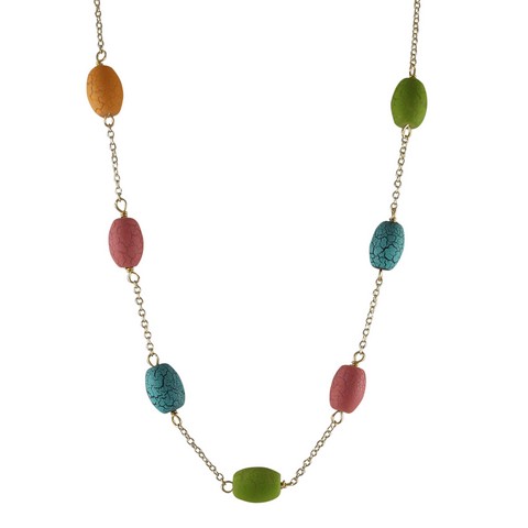 16 X 2 Multi Color Stones With Gold Plated Brass Chain Necklace