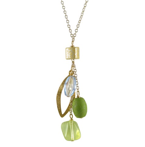 16 X 2 Green Glass Stones With Gold Plated Brass Chain Necklace
