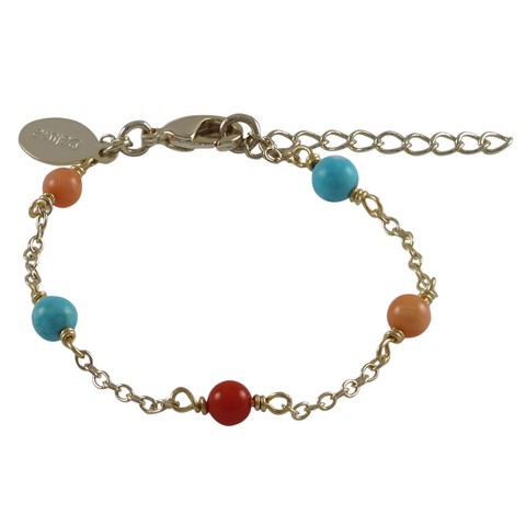 5 X 1 Gold Plated Brass Chain With Red-peach & Turquoise 4 Mm Balls Bracelet
