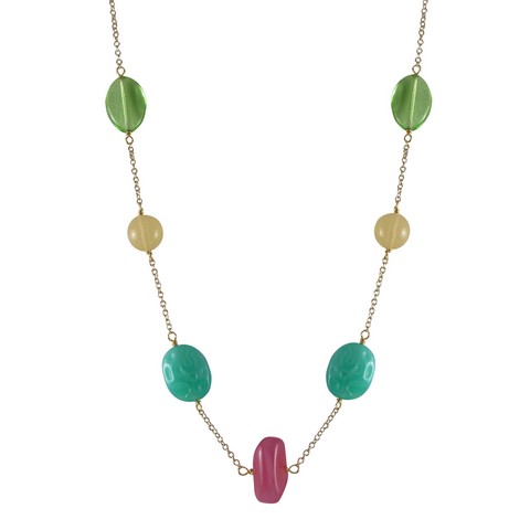 Multi Color Stones With Gold Plated Brass Chain Necklace, 16 In.