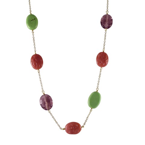 Multi Color Stones With Gold Plated Brass Chain Necklace, 16 X 2 In.