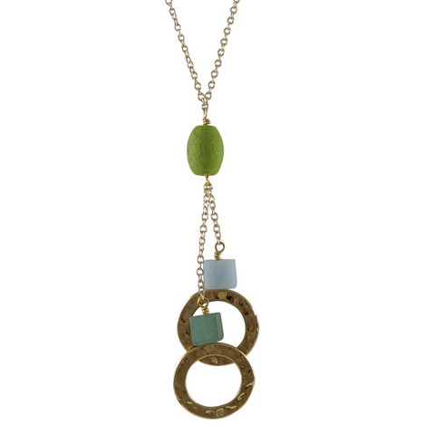 16 X 2 Green Lariat Style Necklace With Open 18 Mm Rings & Gold Plated Brass Chain