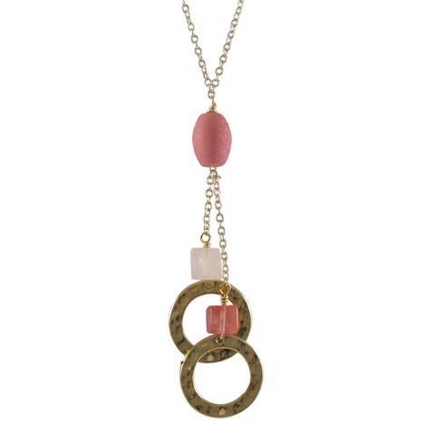 16 X 2 Pink Lariat Style Necklace With 18 Mm Rings & Gold Plated Brass Chain