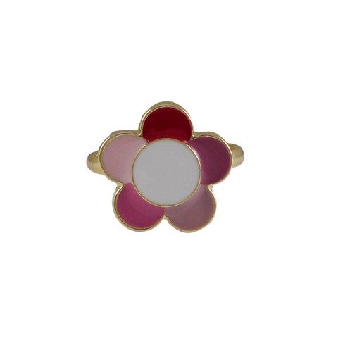 5 X 7 Pink Multi Enamel 14 Mm Flower With Gold Plated Brass Adjustable Ring