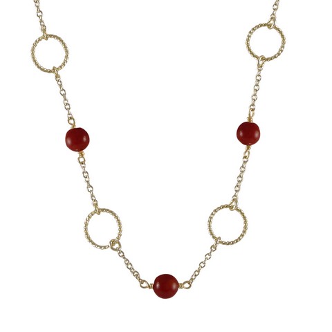 Red 6 Mm Balls & Braided 10 Mm Gold Filled Rings With Gold Plated Brass Chain Necklace, 16 X 2 In.