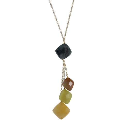 16 X 2 In. Honey Semi Precious Stones Lariat Style Necklace White Gold Plated Brass Chain