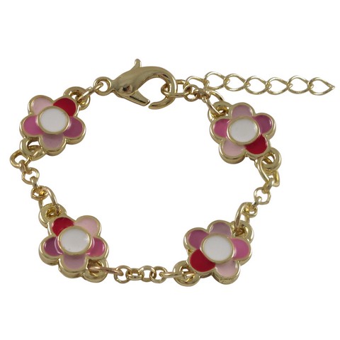 4 X 1 In. Pink Multi Enamel 9 Mm Flowers & Gold Plated Brass Chain Bracelet