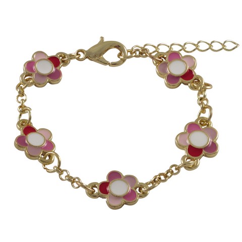 5 X 1 In. Pink Multi Enamel 9 Mm Flowers & Gold Plated Brass Chain Bracelet