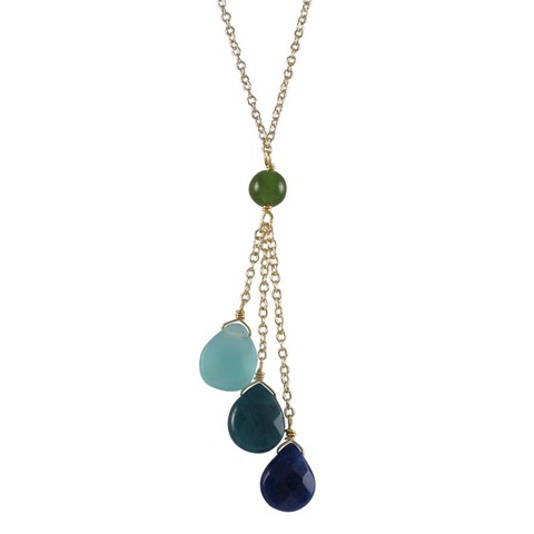 Green Jade Semi Precious Teardrop Stone Lariat Style Necklace With Gold Plated Brass Chain, 16 X 2 In.
