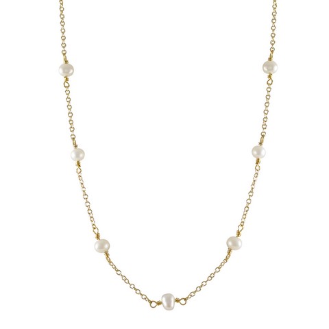 Gold Plated Brass Chain With White 4 Mm Fresh Water Pearls Necklace, 16 In.