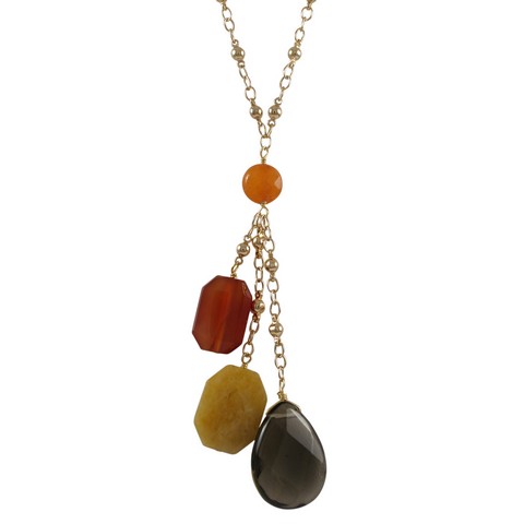 18 X 2 In. Smoky Semi Precious Stones With Gold Plated Brass Fancy Chain & Lariat Style Necklace