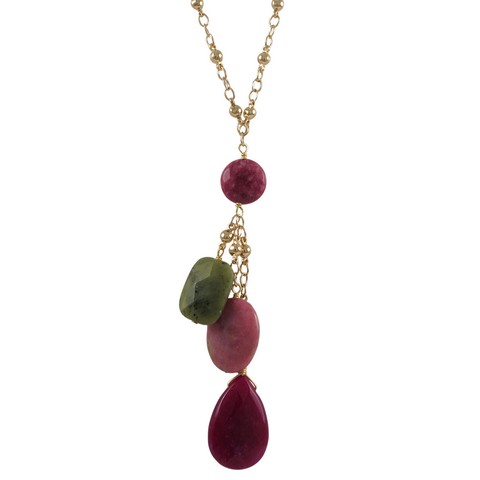 18 X 2 In. Rhodontie Semi Precious Stones With Gold Plated Brass Fancy Chain & Lariat Style Necklace