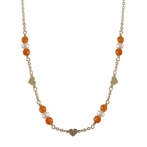 Orange 4 Mm Semi Precious Faceted Stones & White 4 Mm Fresh Water Pearls With Gold Filled Heart Chain Necklace