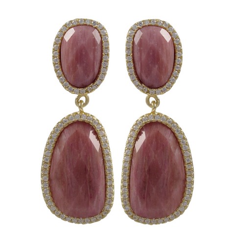 Rhodonite Semi Precious Faceted Stone Cubic Zirconia Border With Gold Plated Sterling Silver Omega Clip Earrings