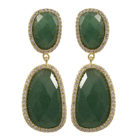 Green Jade Semi Precious Faceted Stone Cubic Zirconia Border With Gold Plated Sterling Silver Omega Clip Earrings