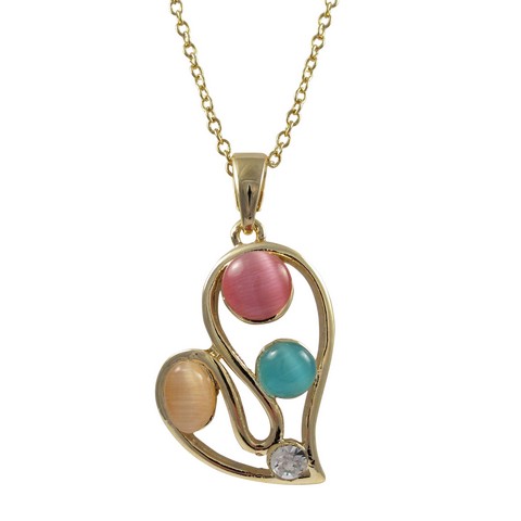 Gold Electro Plated Brass & Multi Color Cat Eye Stone With White Crystal Open Heart Design Pendant With Gold Plated Brass Chain