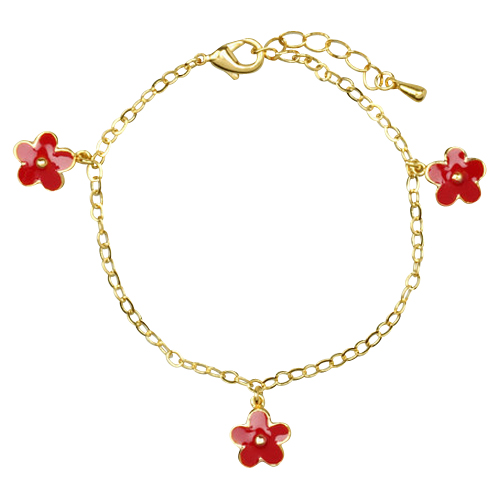 3 Red Enamel Flowers Dangling With Gold Tone Brass Bracelet Size 6