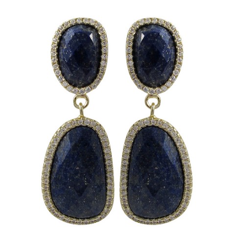 Lapis & Lazurite Semi Precious Faceted Stone Cubic Zirconia Border & Gold Plated Sterling Silver Omega Clip Earrings