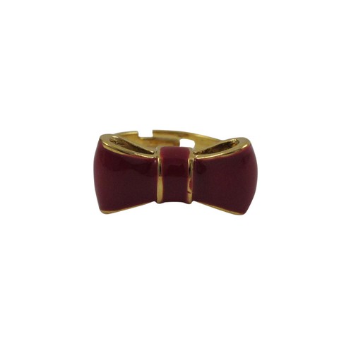 Burgundy Enamel Bow With Gold Plated Brass Adjustable Ring