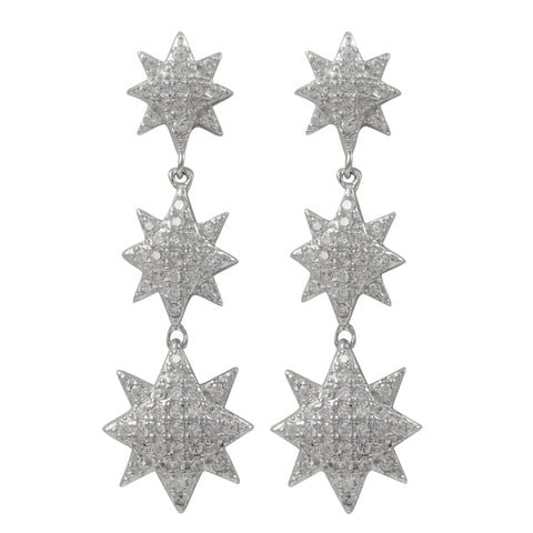 Rhodium Plated Sterling Silver & Three Pave Cubic Zirconia Stars Dangling Post Earrings