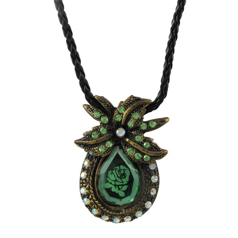 Green Teardrop Rose Flower Glass Stone With Crystal Ab Green Stones Bronze Pendant & Black Braided Chain Necklace