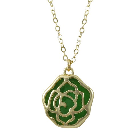 Green Color Cutout Rose Flower Pendant With Gold Plated Brass Chain Necklace
