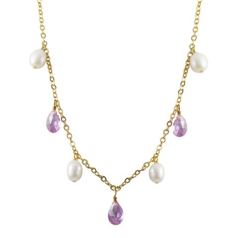 5 X 8 Mm Lavender Cubic Zirconia & White Oval Fresh Water Pearls Dangling With Gold Plated Brass Chain Necklace