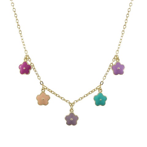 5 Multi Color Enamel Flower Charms On Gold Tone Brass Necklace, 15 X 2 In.